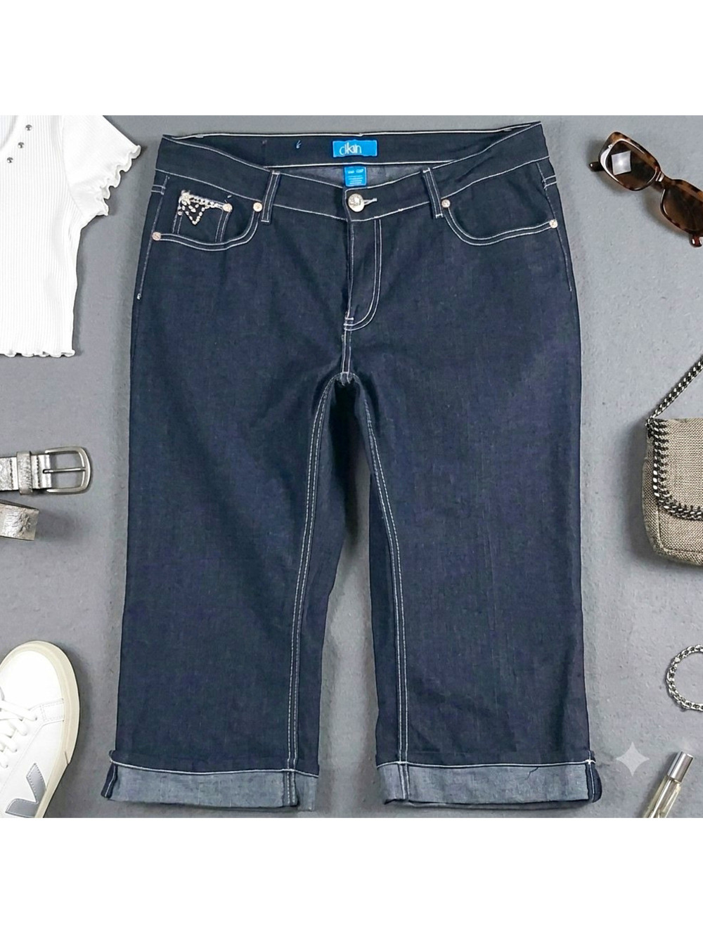 dkin Rhinestone Flap Pocket Denim Capri Jeans Dark Wash Cuffed 14W Womens